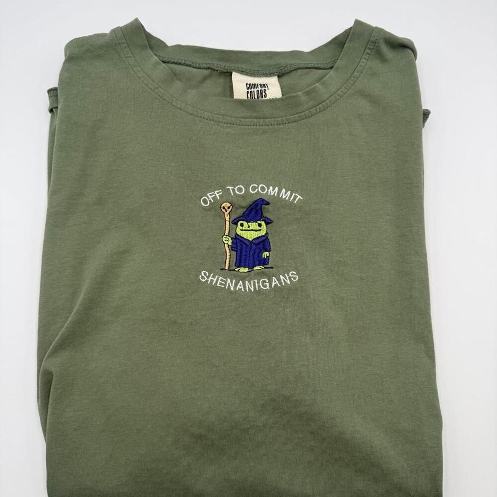 Off to commit shenanigans embroidered shirt. Comfort colors. Olive green fit XL